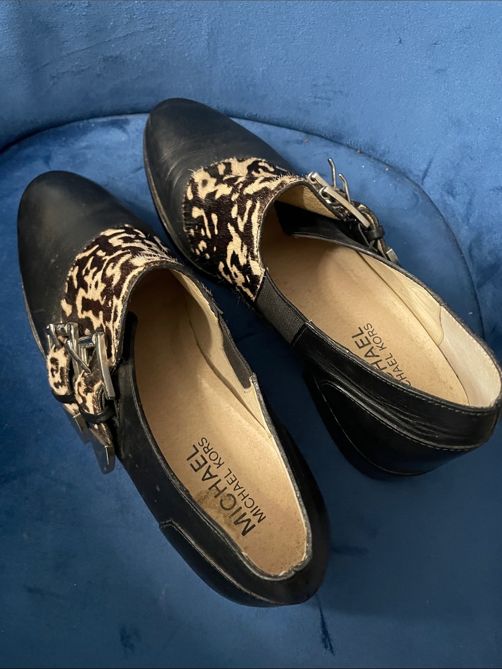 Michael Kors Black Leather Loafers with Leopard Print Accent